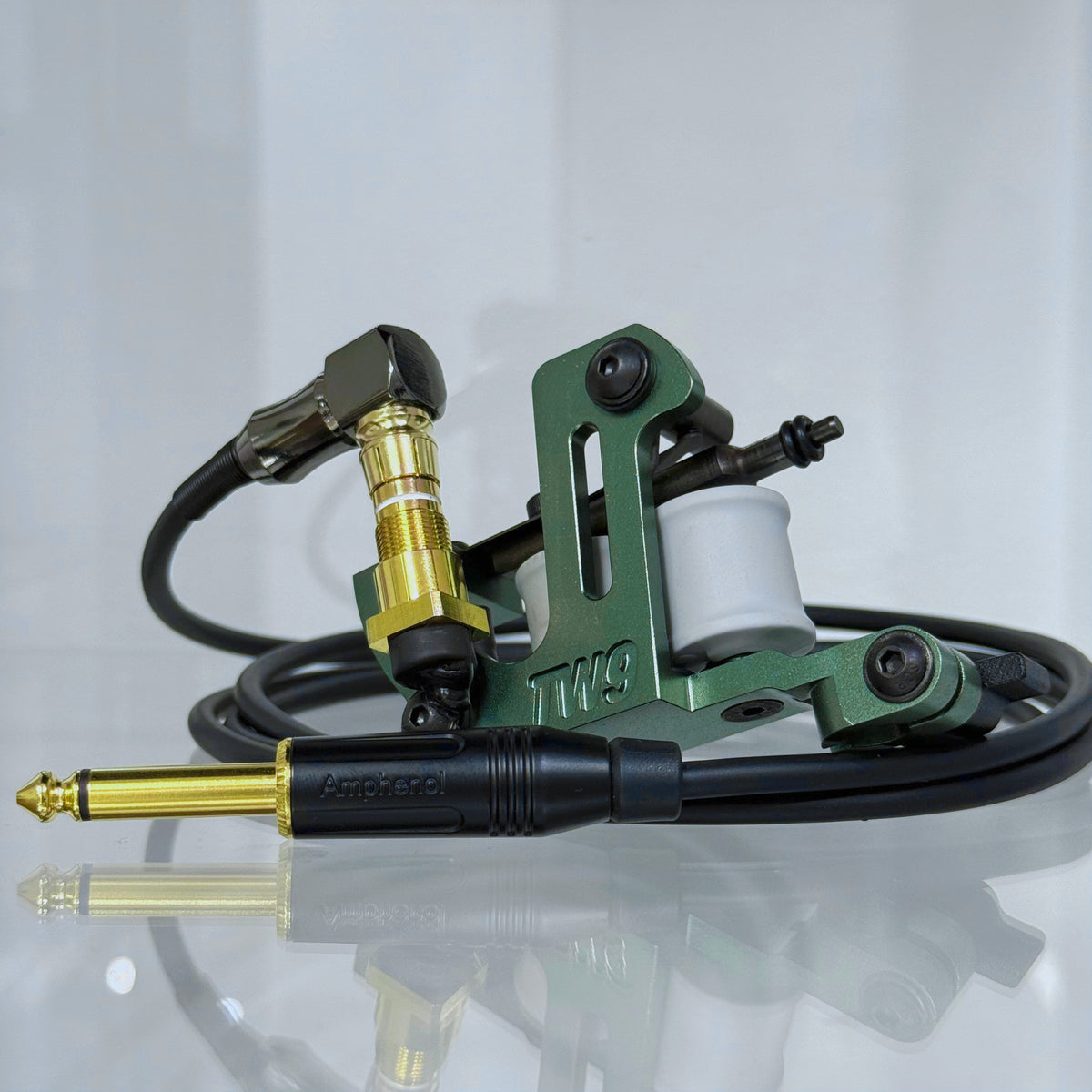 LEBA Fat One army green coil tattoo machine with RCA and clipcord connection, includes 90-degree cable