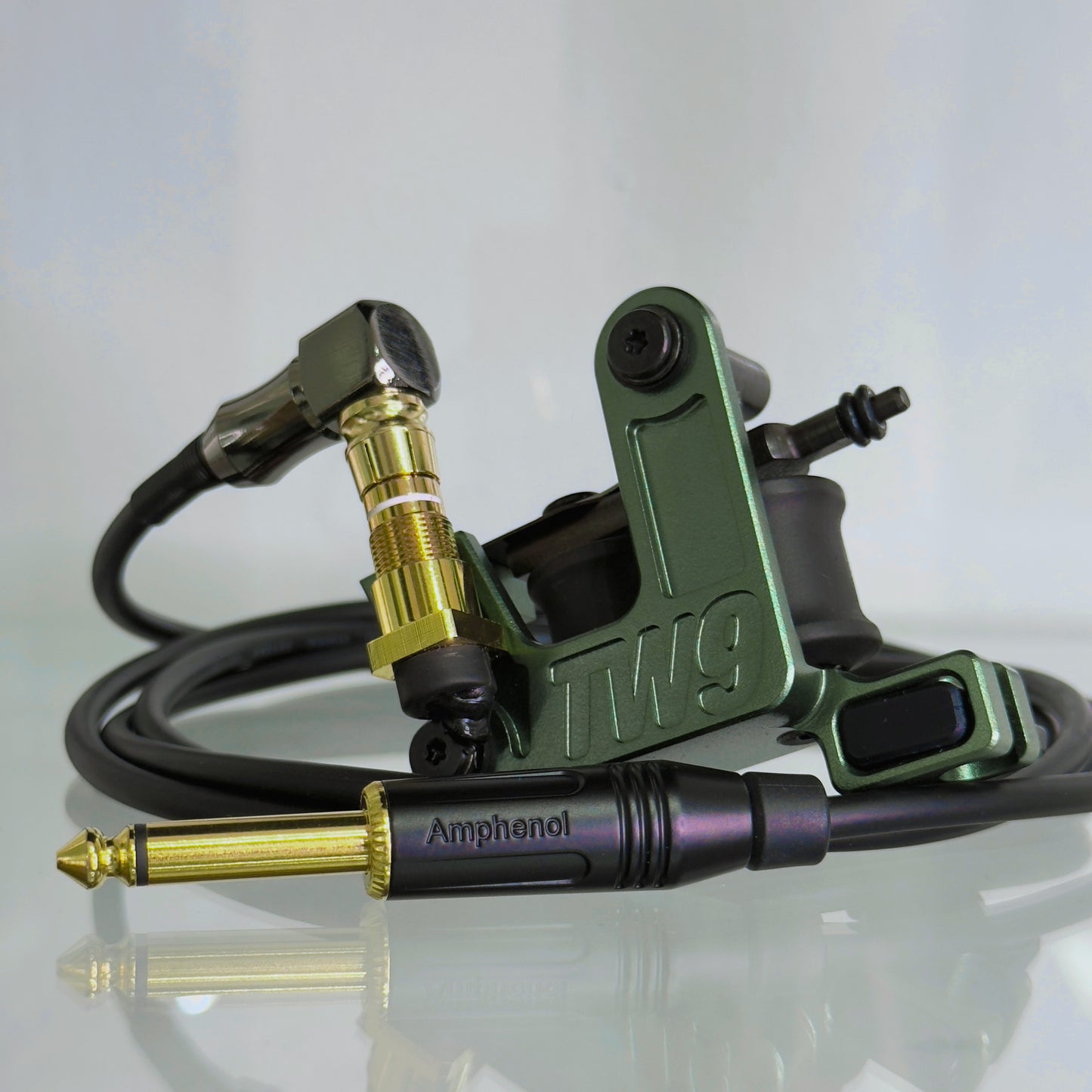 LEBA V2 2.0 army green coil tattoo machine with RCA and clipcord connection, includes 90-degree cable
