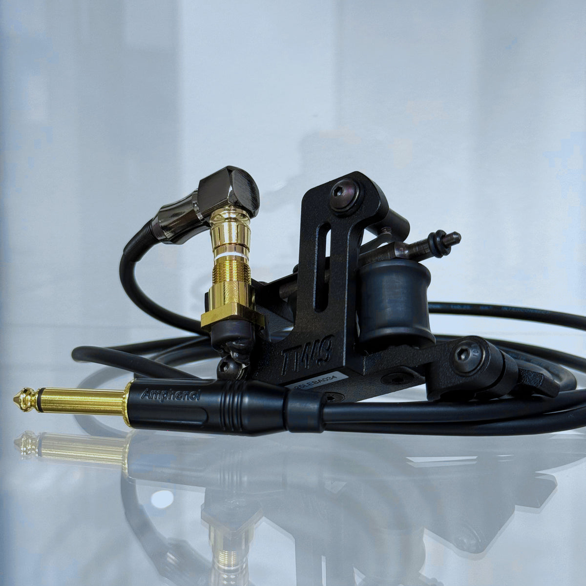 LEBA Fat Oneblack matte coil tattoo machine with RCA and clipcord connection, includes 90-degree cable