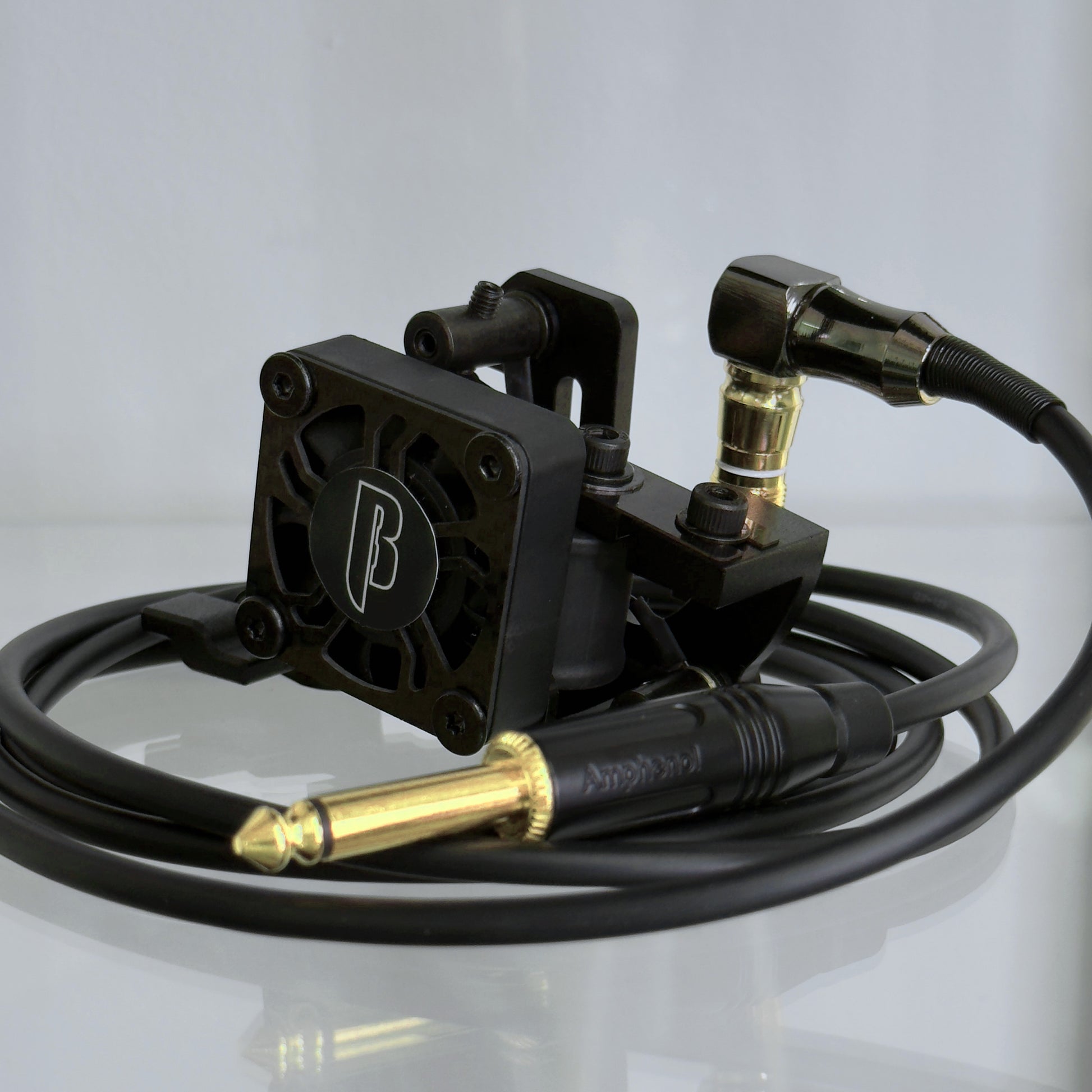 LEBA Blackout coil tattoo machine with RCA and clipcord connection, includes 90-degree cable