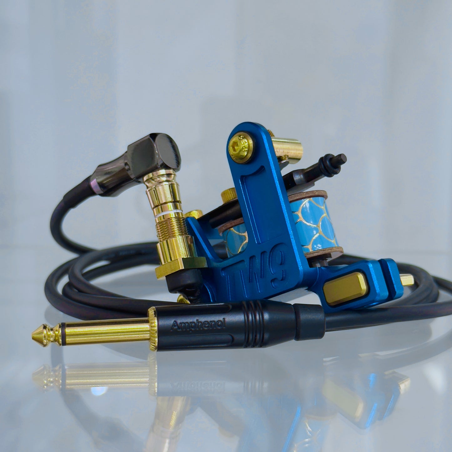 LEBA V2 2.0 electric blue coil tattoo machine with RCA and clipcord connection, includes 90-degree cable
