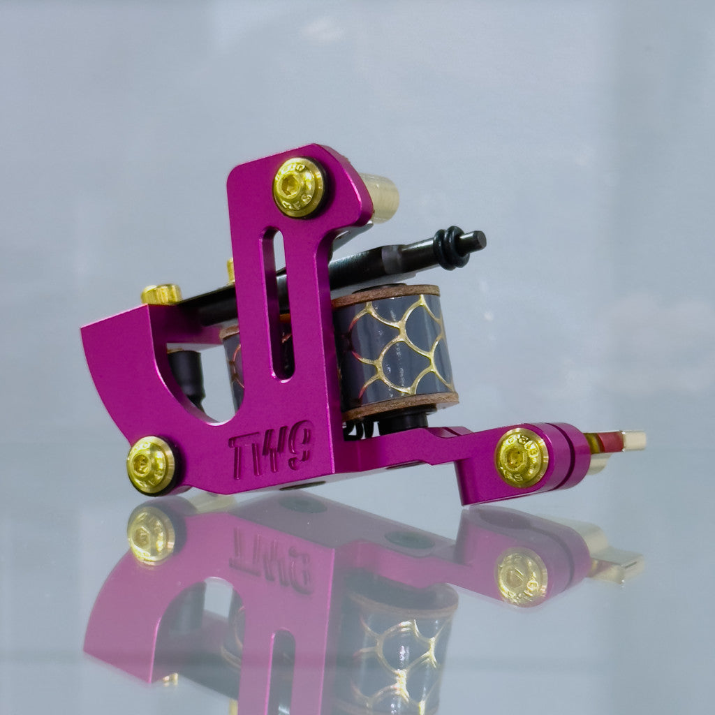 LEBA Fat One fuchsia pink coil tattoo machine with clipcord connection