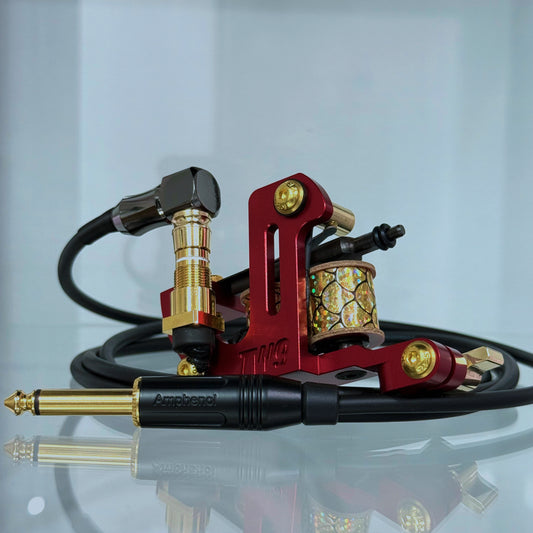 LEBA Fat One ferrari red coil tattoo machine with RCA and clipcord connection, includes 90-degree cable