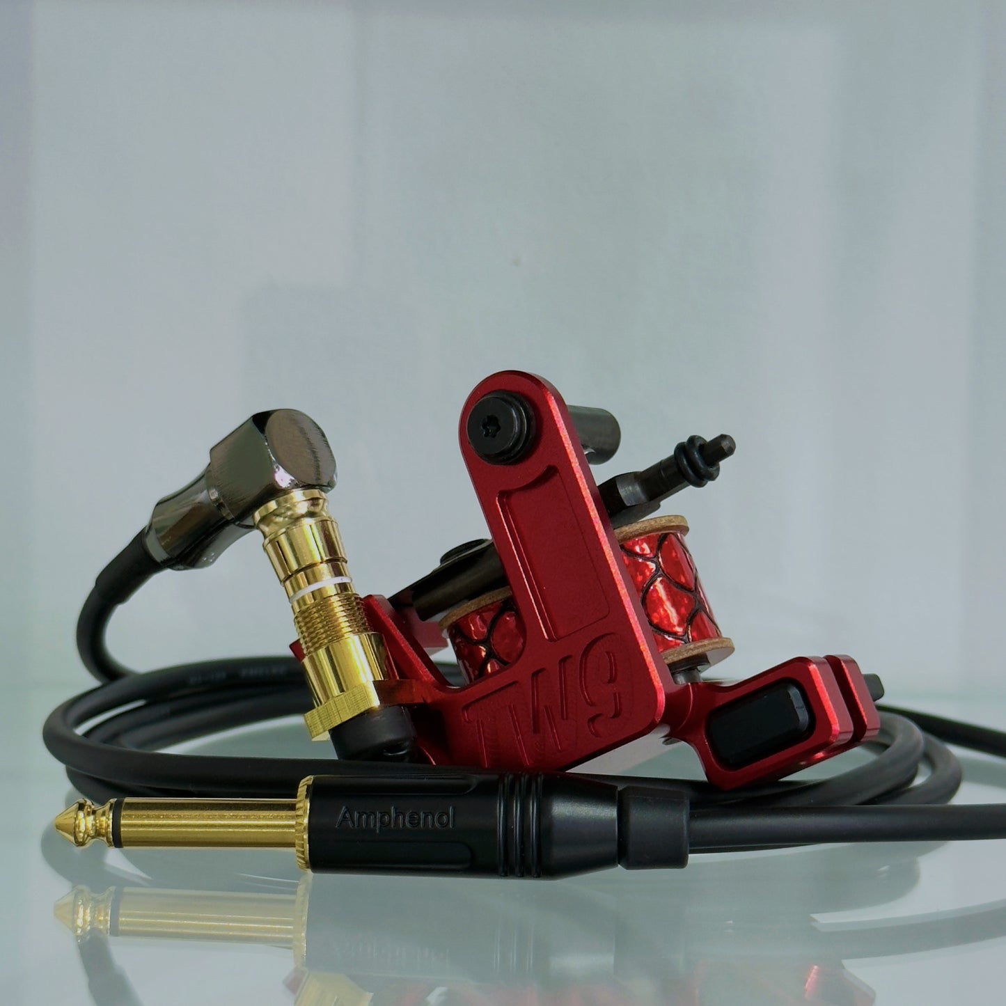 LEBA V2 2.0 ferrari red coil tattoo machine with RCA and clipcord connection, includes 90-degree cable