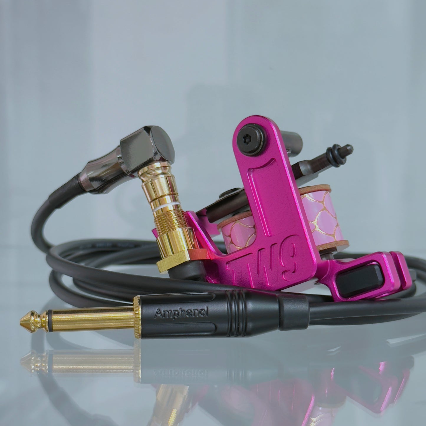 LEBA V2 2.0 fuchsia pink coil tattoo machine with RCA and clipcord connection, includes 90-degree cable