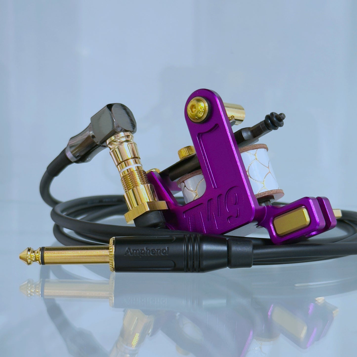 LEBA V2 2.0 purple coil tattoo machine with RCA and clipcord connection, includes 90-degree cable