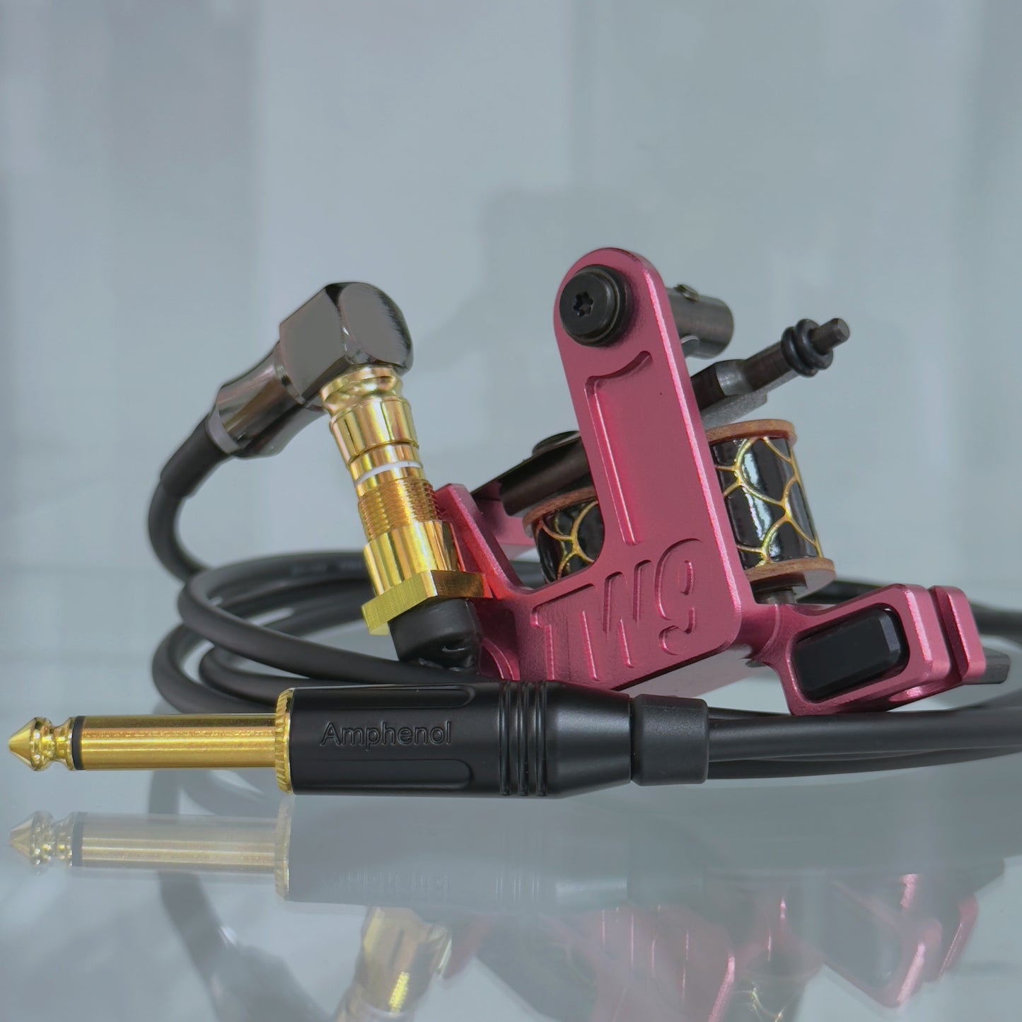 LEBA V2 2.0 rose gold coil tattoo machine with RCA and clipcord connection, includes 90-degree cable